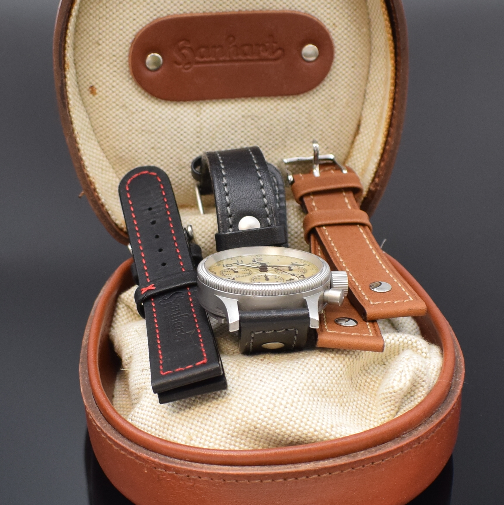 Detail f: HANHART Armbandchronograph Modell Sirius Referenz 710, Automatik, Deutschland um 2001, Edelstahlgeh. inkl. orig. Lederband m. orig. Dornschl., zus. 2 ...