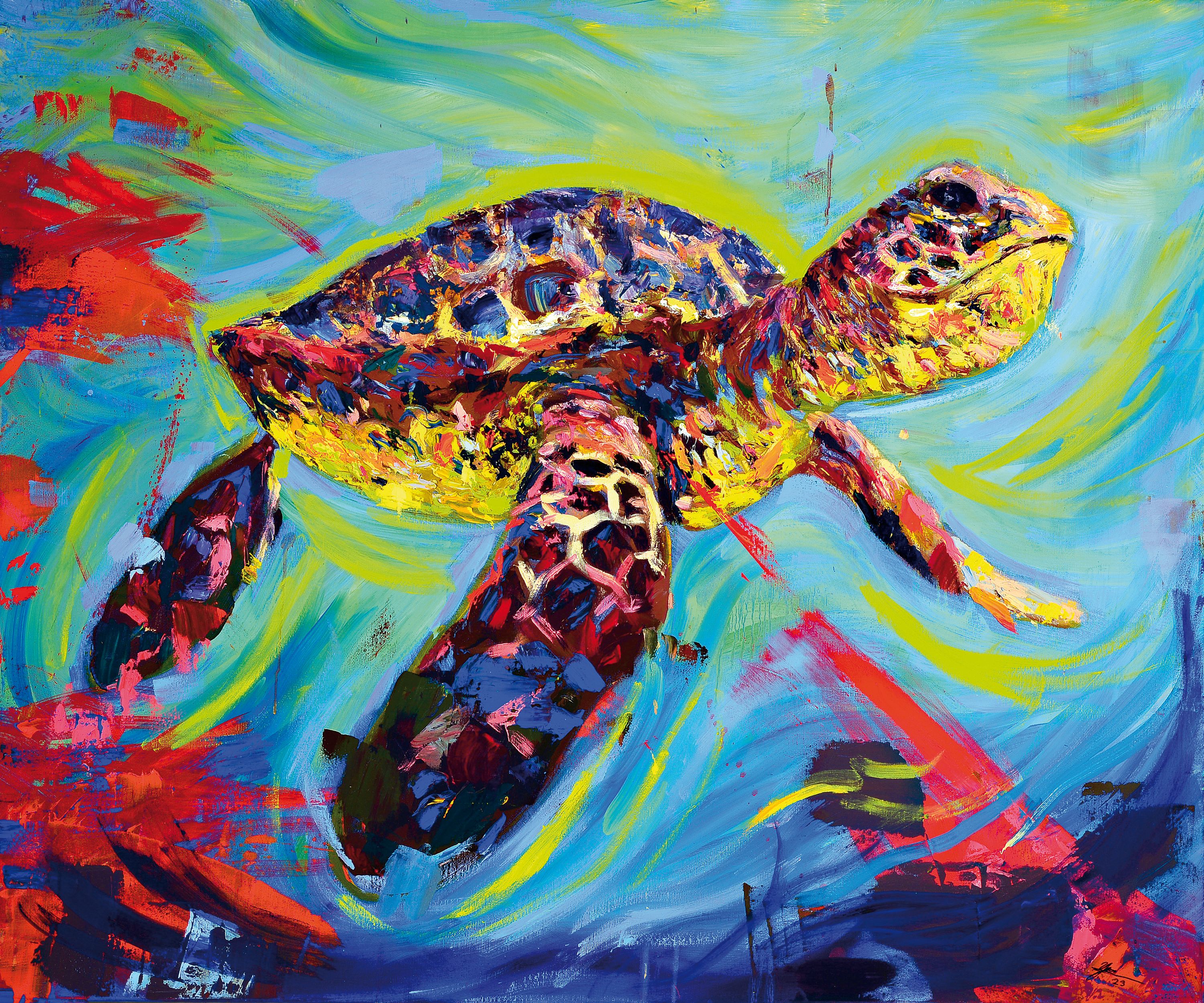 Yves-Marcel Münch, geb. 1994, zeitgenössischerKünstler aus Wiesloch, Wasserschildkröte, li. u. signiert, Öl/Lwd, ca. 100 x 120 cm