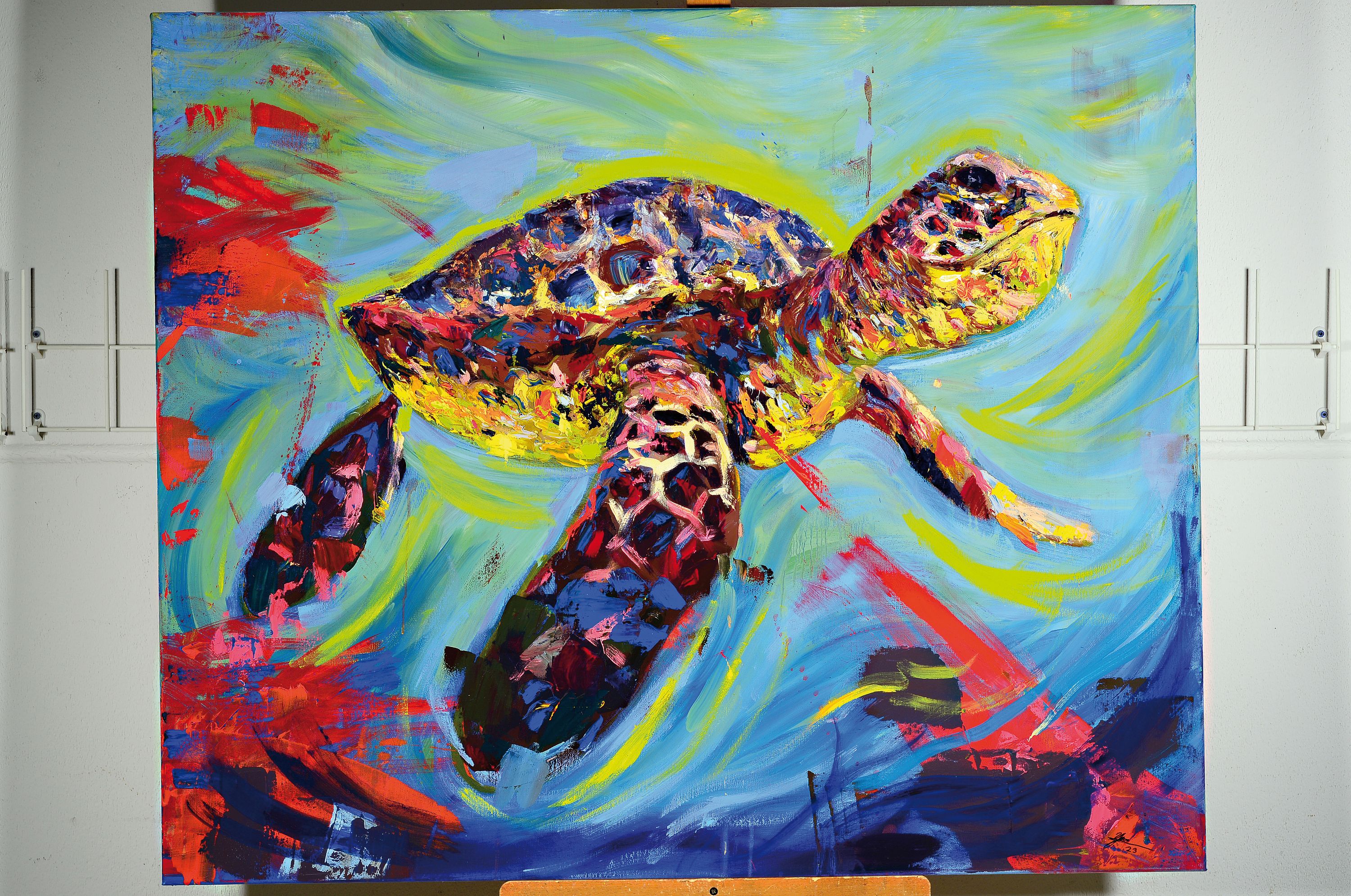 Detail k: Yves-Marcel Münch, geb. 1994, zeitgenössischerKünstler aus Wiesloch, Wasserschildkröte, li. u. signiert, Öl/Lwd, ca. 100 x 120 cm