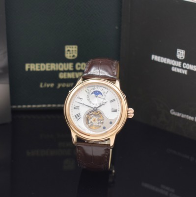 Image 26777558 - FREDERIQUE CONSTANT Heart Beat Moon limited gents wristwatch in 18k pink gold, self winding, on 188 pieces limited special edition including original leather strap with gold-plated buckle, on both sides glazed case, case back 6-times screwed, correction at the sides in case inserted, silvered dial with Roman numerals, visible balance, black hands, date and moon phase, calibre FC930/FC935, diameter approx. 42 mm, original box and blank papers enclosed, condition 2
