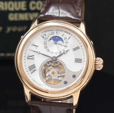 26777558a - FREDERIQUE CONSTANT Heart Beat Moon limited gents wristwatch in 18k pink gold, self winding, on 188 pieces limited special edition including original leather strap with gold-plated buckle, on both sides glazed case, case back 6-times screwed, correction at the sides in case inserted, silvered dial with Roman numerals, visible balance, black hands, date and moon phase, calibre FC930/FC935, diameter approx. 42 mm, original box and blank papers enclosed, condition 2