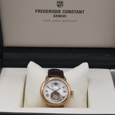 26777558f - FREDERIQUE CONSTANT Heart Beat Moon limited gents wristwatch in 18k pink gold, self winding, on 188 pieces limited special edition including original leather strap with gold-plated buckle, on both sides glazed case, case back 6-times screwed, correction at the sides in case inserted, silvered dial with Roman numerals, visible balance, black hands, date and moon phase, calibre FC930/FC935, diameter approx. 42 mm, original box and blank papers enclosed, condition 2