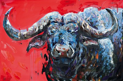 Image 26777580 - Yves-Marcel Münch, born in 1994, contemporary artist from Wiesloch, water buffalo against a red background, signed lower left, oil/canvas,approx. 80 x 120 cm