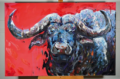 Image 26777580k - Yves-Marcel Münch, born in 1994, contemporary artist from Wiesloch, water buffalo against a red background, signed lower left, oil/canvas,approx. 80 x 120 cm
