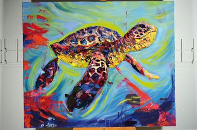26777581k - Yves-Marcel Münch, born 1994, contemporary artist from Wiesloch, water turtle, signed lower left, oil/canvas, approx. 100 x 120 cm