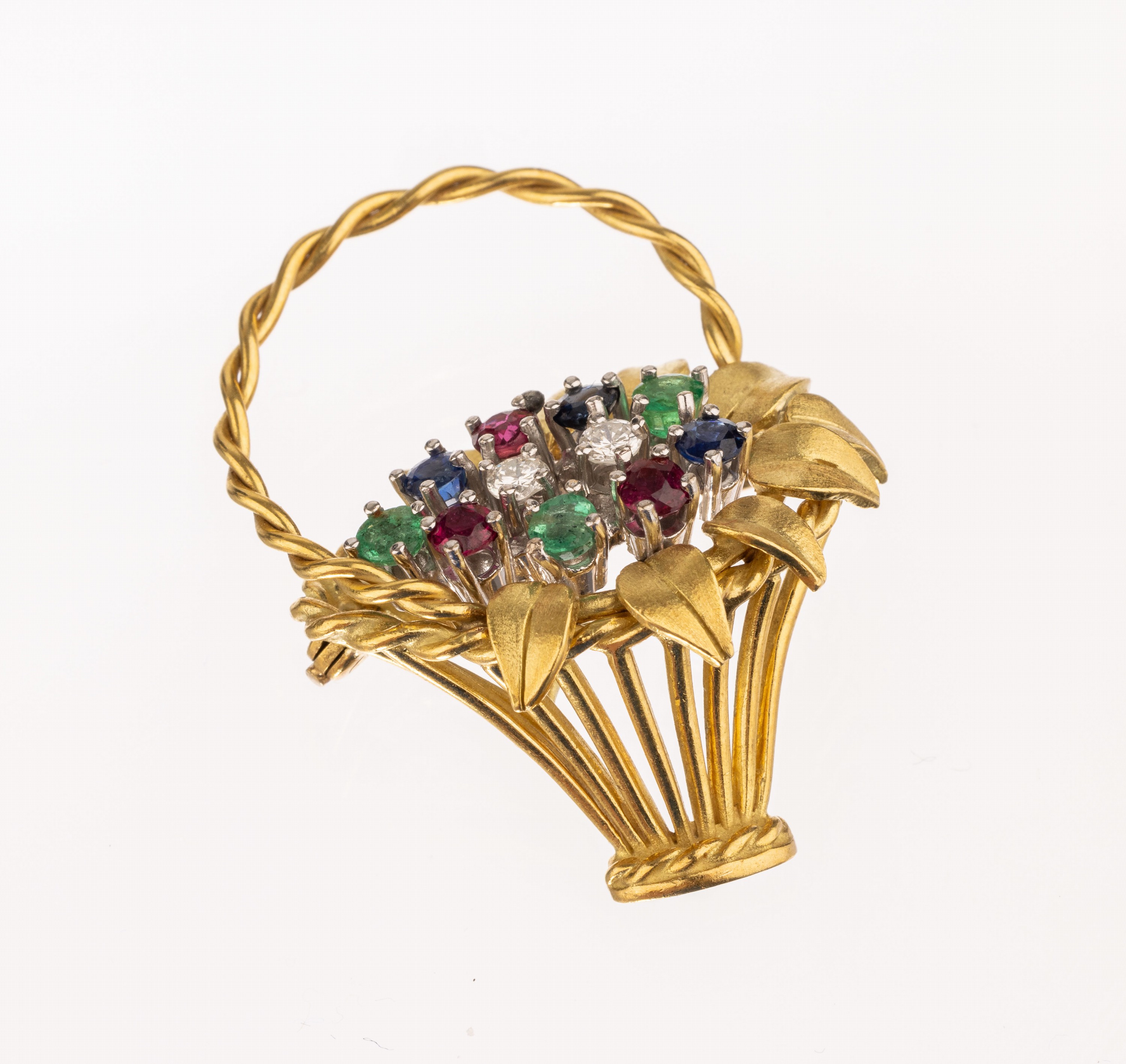 18 kt Gold Farbstein Brillant "Blumenkorb" Brosche, GG 750/000, 3 rundfacett. Rubine, Smaragde und Saphire zus. ca. 0.50 ct, 2 Brillanten ...