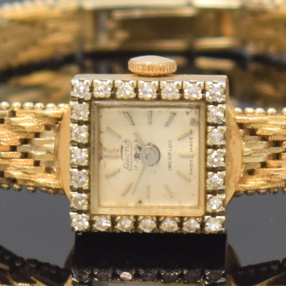 Detail a: EXACTUS Damenarmbanduhr in RoseG 750/000 mit Diamanten, Schweiz um 1965, Handaufzug, Boden aufgedr., Lünette m. Diamanten bes., silb. Zifferbl. m. ...