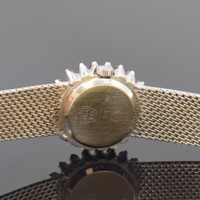Image 26777848d - OMEGA 14k white gold ladies wristwatch with diamonds and rubies, Switzerland around 1970, manual winding, case with gold bracelet, snap on case back, bezel with rubies and diamonds, silvered dial with applied hour-indices, black hands, copper coloured movement calibre 485, 17 jewels, diameter approx. 21 mm, length approx. 15,5 cm, total-weight approx. 34g, overhaul recommended at buyer's expense, condition 2