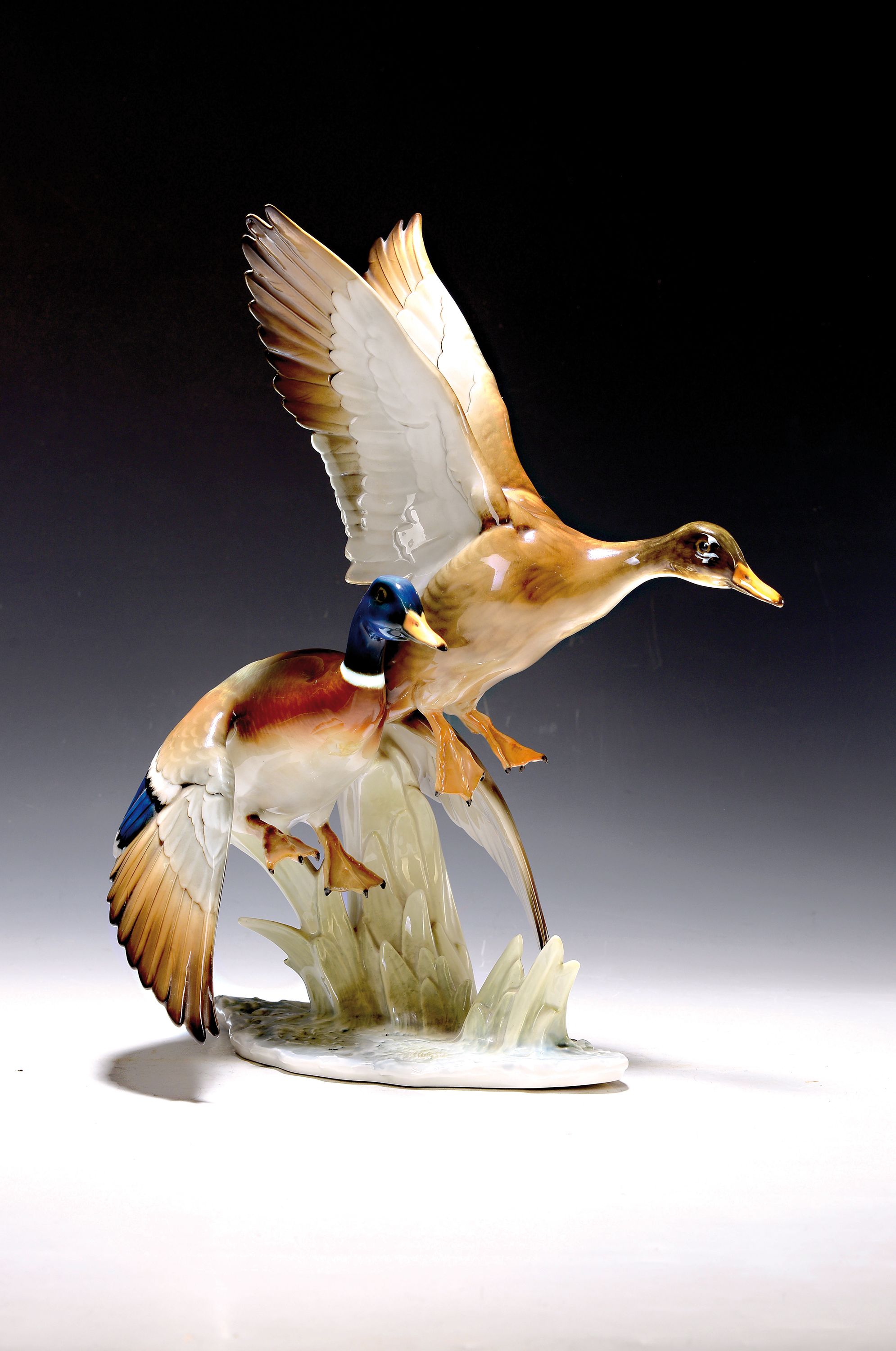 Porzellanfigurengruppe, Hutschenreuther, Entw. Hans Achtziger, 1960er-Jahre, Porzellan, naturalistisch bemalt, Paar auffliegende Enten, Alterssp., ...