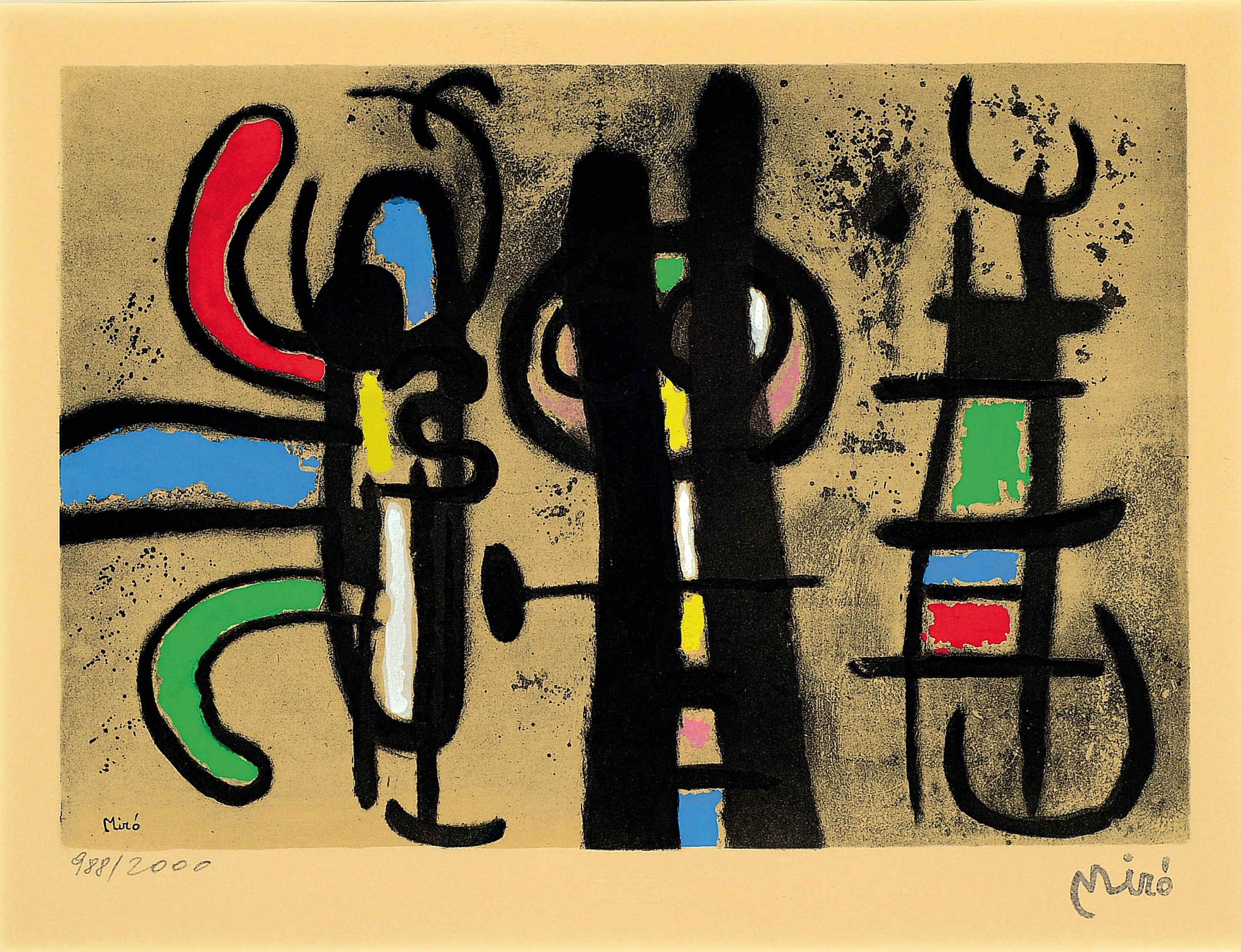 Joan Miro,1893-1983, vier Farblithografien mit Pochoir, 60er Jahre,unter der Darstellung Stempelsignatur, links num. 988/2000, Prägestempel der ...