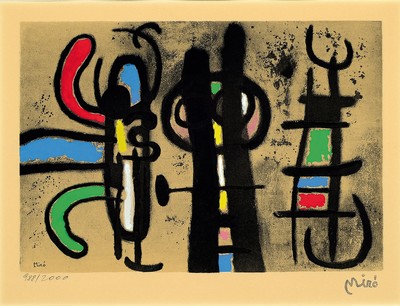 Image 26777916 - Joan Miro, 1893-1983, four color lithographs with pochoir, 1960s, stamp signature below theimage, numbered on the left. 988/2000, embossing stamp from the "EuroArt" gallery in Vienna, approx. 32.5 x 22.5 cm abstract representations, approx. 48.5 x 62 cm or 62 x 48.5 cm, matching gallery frame with slight signs of wear