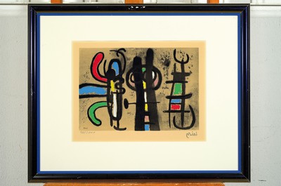 26777916k - Joan Miro, 1893-1983, four color lithographs with pochoir, 1960s, stamp signature below theimage, numbered on the left. 988/2000, embossing stamp from the "EuroArt" gallery in Vienna, approx. 32.5 x 22.5 cm abstract representations, approx. 48.5 x 62 cm or 62 x 48.5 cm, matching gallery frame with slight signs of wear