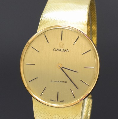 26778108a - OMEGA 14k yellow gold gents wristwatch, Switzerland around 1973, self winding, milanaise bracelet, snap on case back, champagne coloured dial with raised hour- indices, black hands, copper coloured movement calibre 711, 24 jewels, 2 adjustments, diameter approx. 32,5 mm, length approx. 17,5 cm, total-weight approx. 66g, winding crown missing, overhaul recommended at buyer's expense, condition 2-3