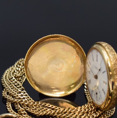 26778157a - WALTHAM small 14k yellow gold hunting cased pocket watch with 14k yellow gold chain, USA around 1910, floral engraved 3 cover-gold- case, hunter cover and back cover with rays decor, enamel dial according to faulty, Roman numerals, blued steel hands, constant second at 6, engraved lever movement with 15 jewels, diameter approx. 33 mm, length chain approx. 73 mm, total-weight approx. 63g, condition 2