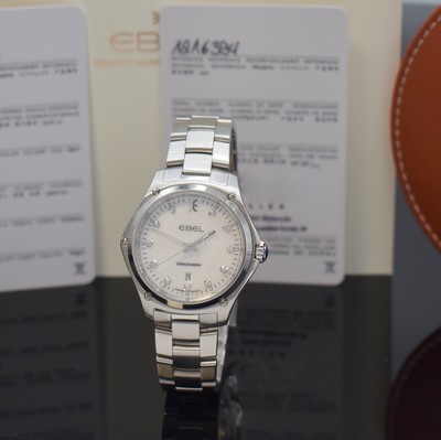 Image EBEL nearly mint ladies wristwatch Discovery reference 1216394, quartz, stainless steel case including bracelet with butterfly buckle, case back 6-times screwed, mother of pearl dial with 11 in white gold set diamond indices, display of hours, minutes, sweep seconds & date, diameter approx. 33 mm, length approx. 19,5 cm, original box & papers, condition 1