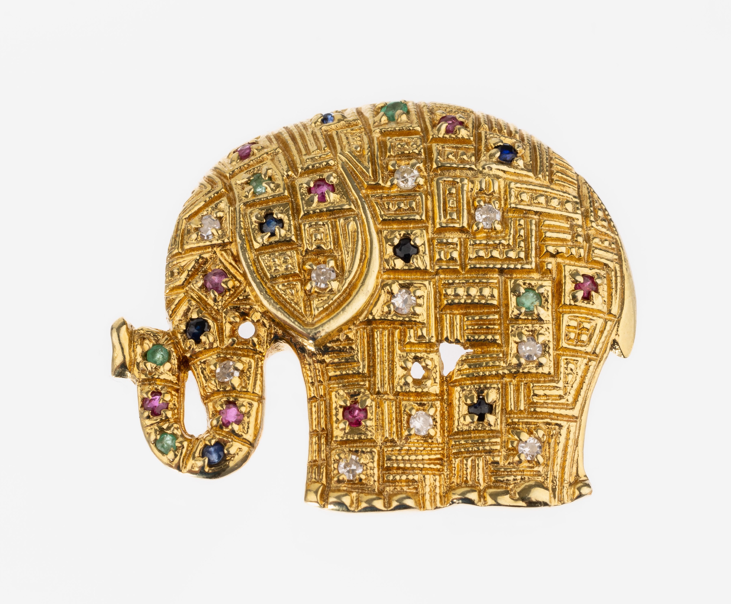 14 kt Gold Farbstein-Diamant-Brosche "Elefant", GG 585/000 gepr., Diamanten zus.ca. 0.10 ct Weiß/p1, rundfacett. Rubine, Saphire und ...