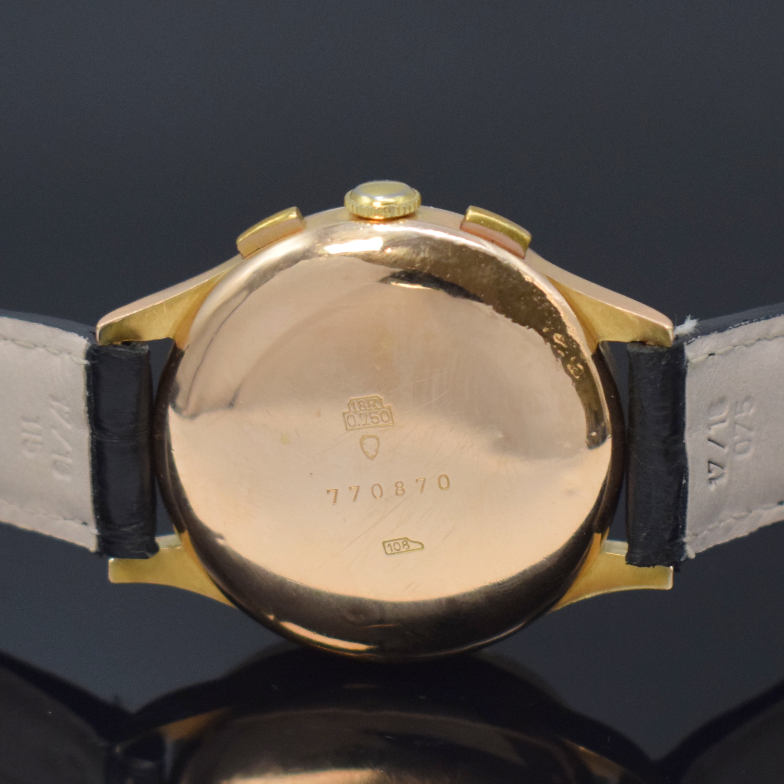 Detail d: LEONIDAS Armbandchronograph mit Vollkalenderanzeige inklusive Mondphase in RG 750/000, Handaufzug, Schweiz um 1954, Boden und Glasrand aufgedr., ...