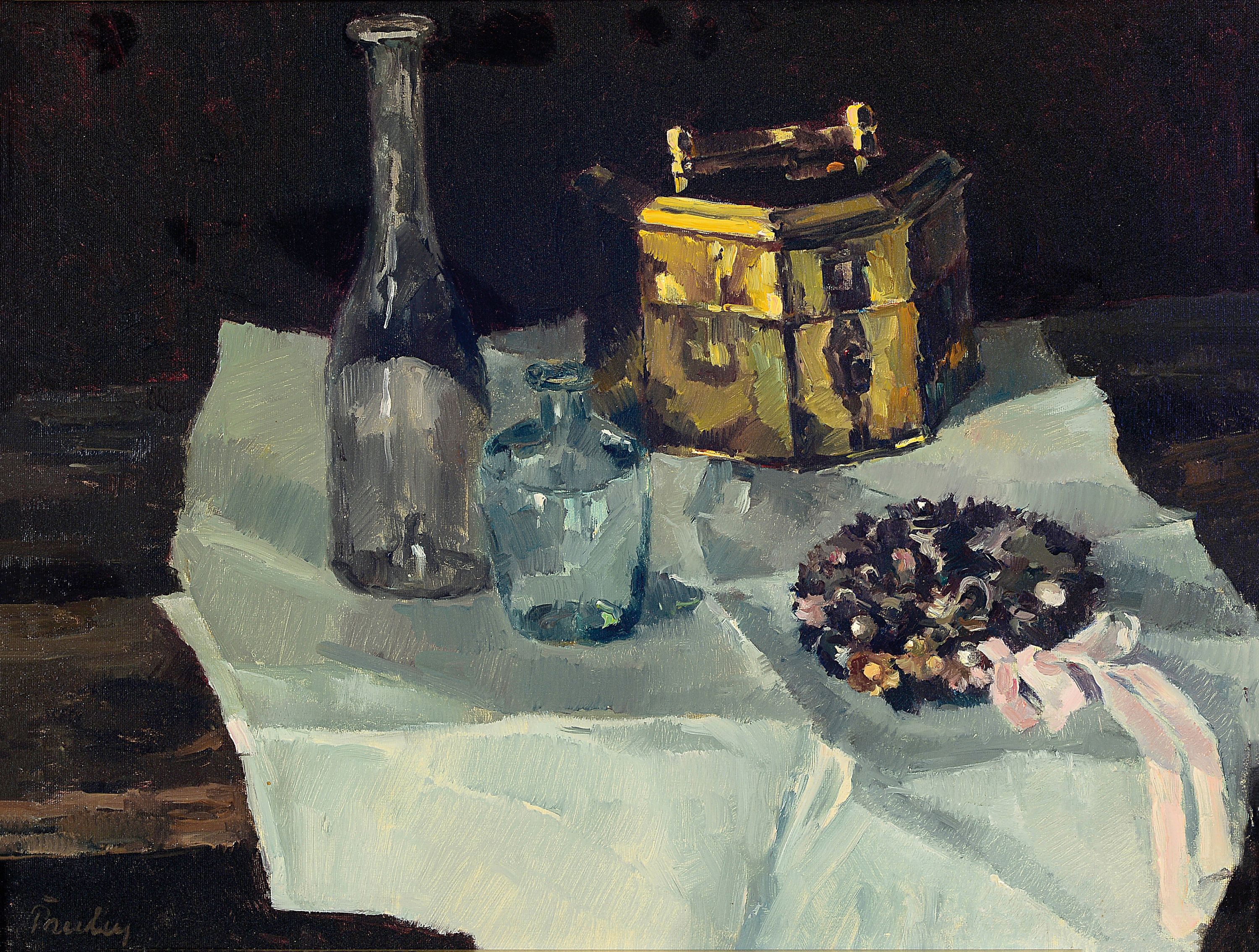 Paul Paulus, 1915-2013 Prien am Chiemsee, Stillleben mit Blumenkranz, oktogonaler Deckeldose und zwei Glasflaschen, links unten signiert, Öl/Platte, ...