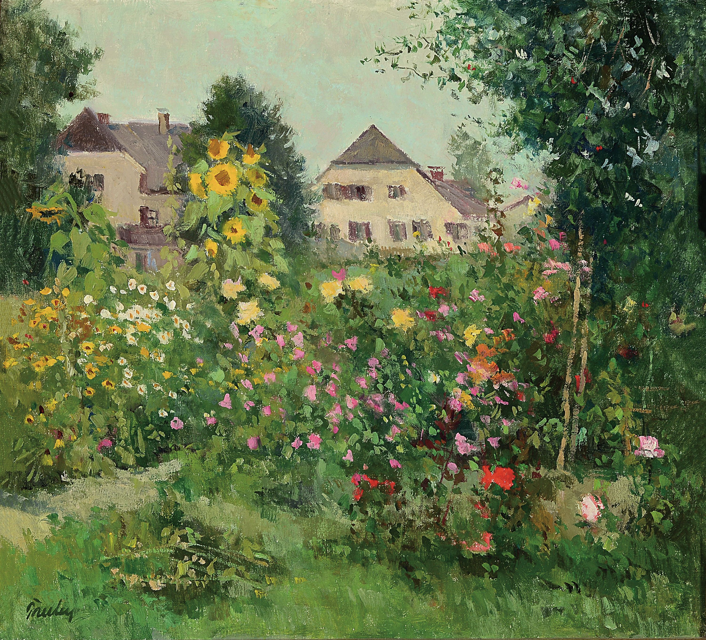 Paul Paulus, 1915-2013 Prien am Chiemsee, wild blühende Gartenlandschaft, Öl/Platte, signiert, 37x40 cm, Rahmen 51x54 cm