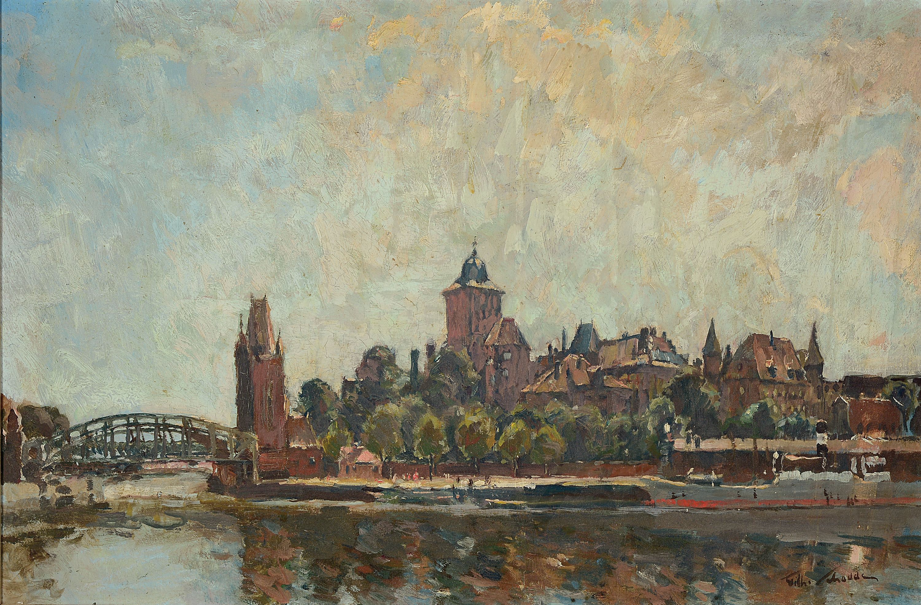 Wilhelm Schodde, 1883 Altona-1951 Lübeck, Ansicht von Lübeck, mit vor Anker liegendem Kriegsschiff, rechts unten signiert, Öl/Holz, 40x60 cm, ...