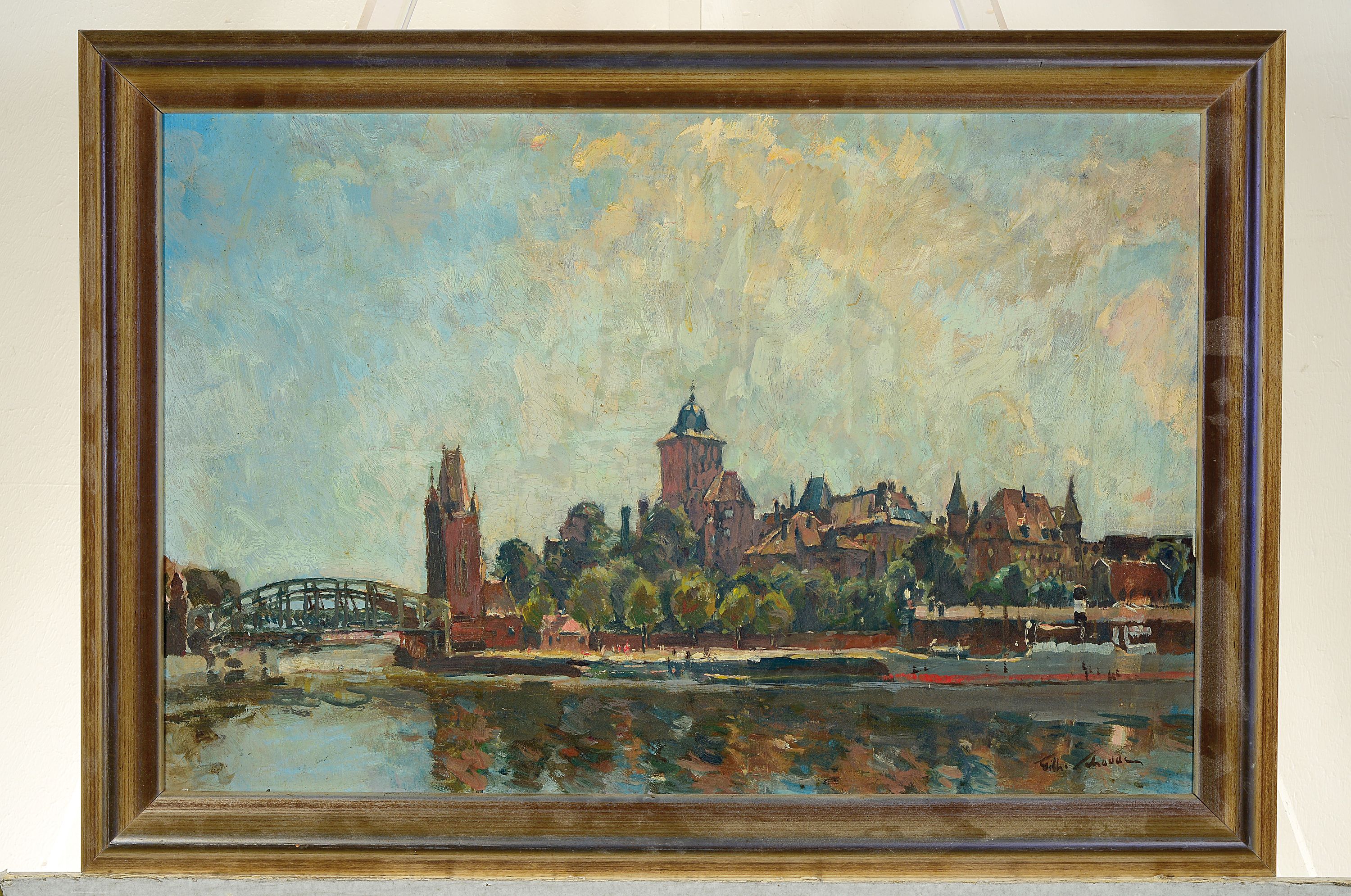 Detail k: Wilhelm Schodde, 1883 Altona-1951 Lübeck, Ansicht von Lübeck, mit vor Anker liegendem Kriegsschiff, rechts unten signiert, Öl/Holz, 40x60 cm, ...