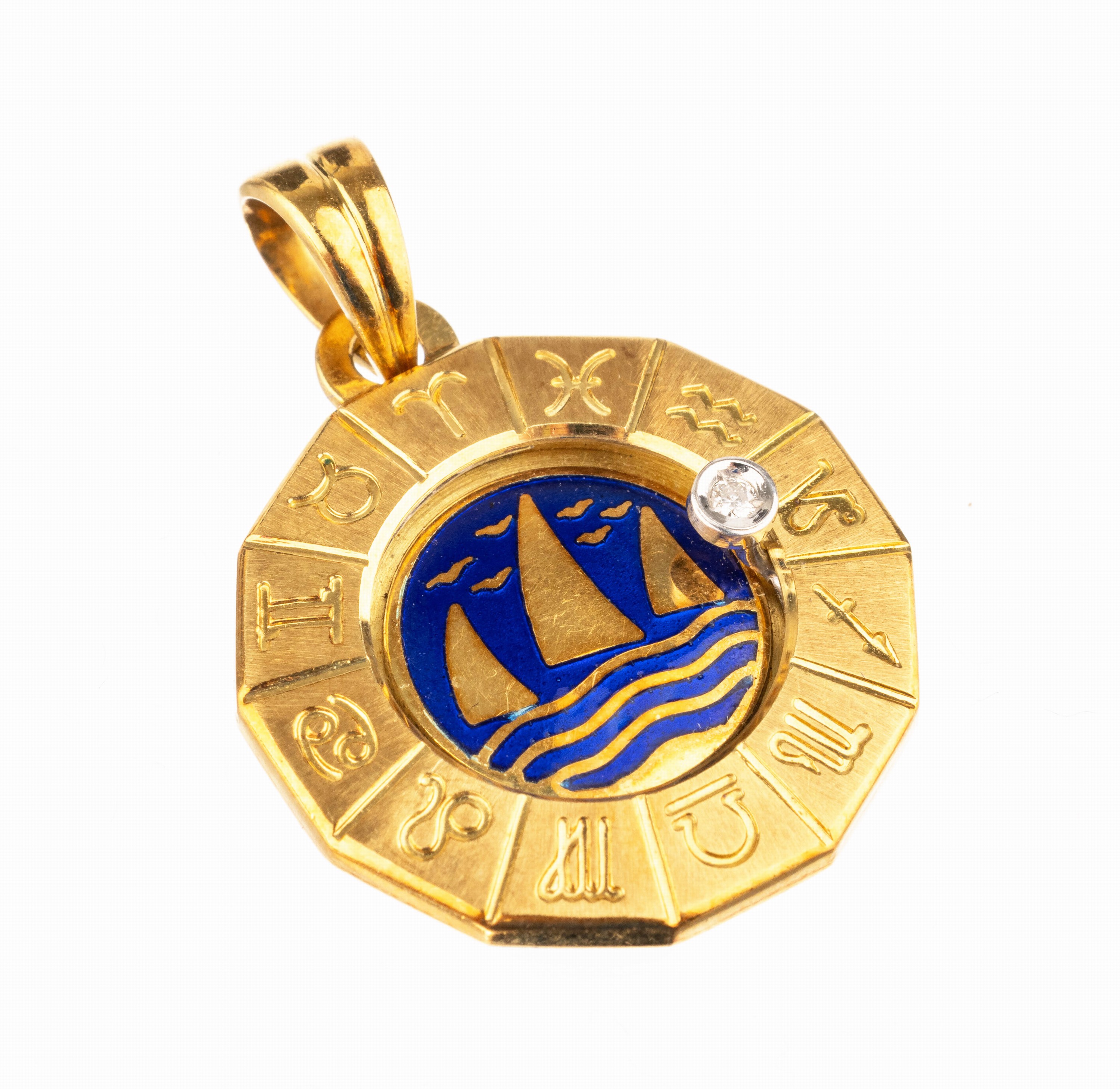 18 kt Gold Sternzeichen Anhänger, GG 750/000 mit blauen Email, bei Steinbock mit kl. Diamant, ca. 9.0 g, D. ca. 2.3 cm