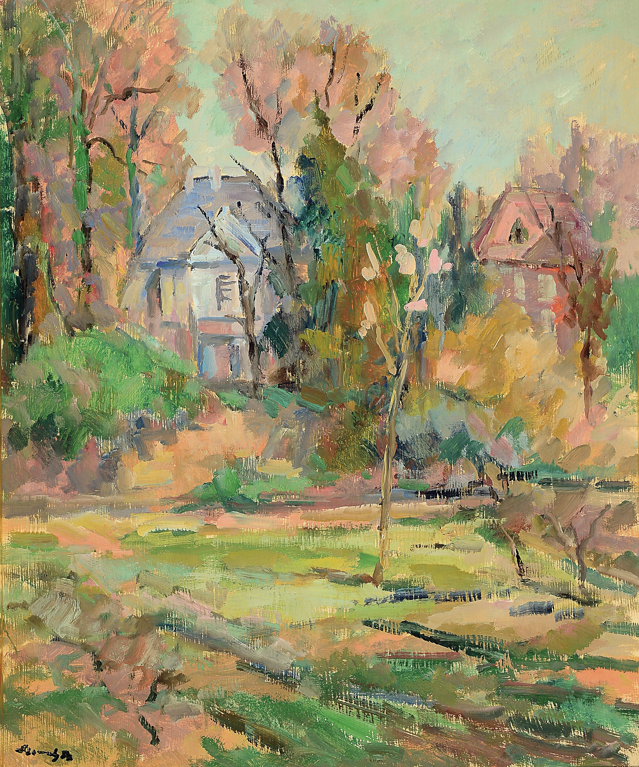 Philippe Steinmetz, 1900-1987 Landau, wohl Landauer Parklandschaft mit angrenzenden Häusern, links unten signiert, Öl/Hartfaser, 73x60 cm, Rahmen ...