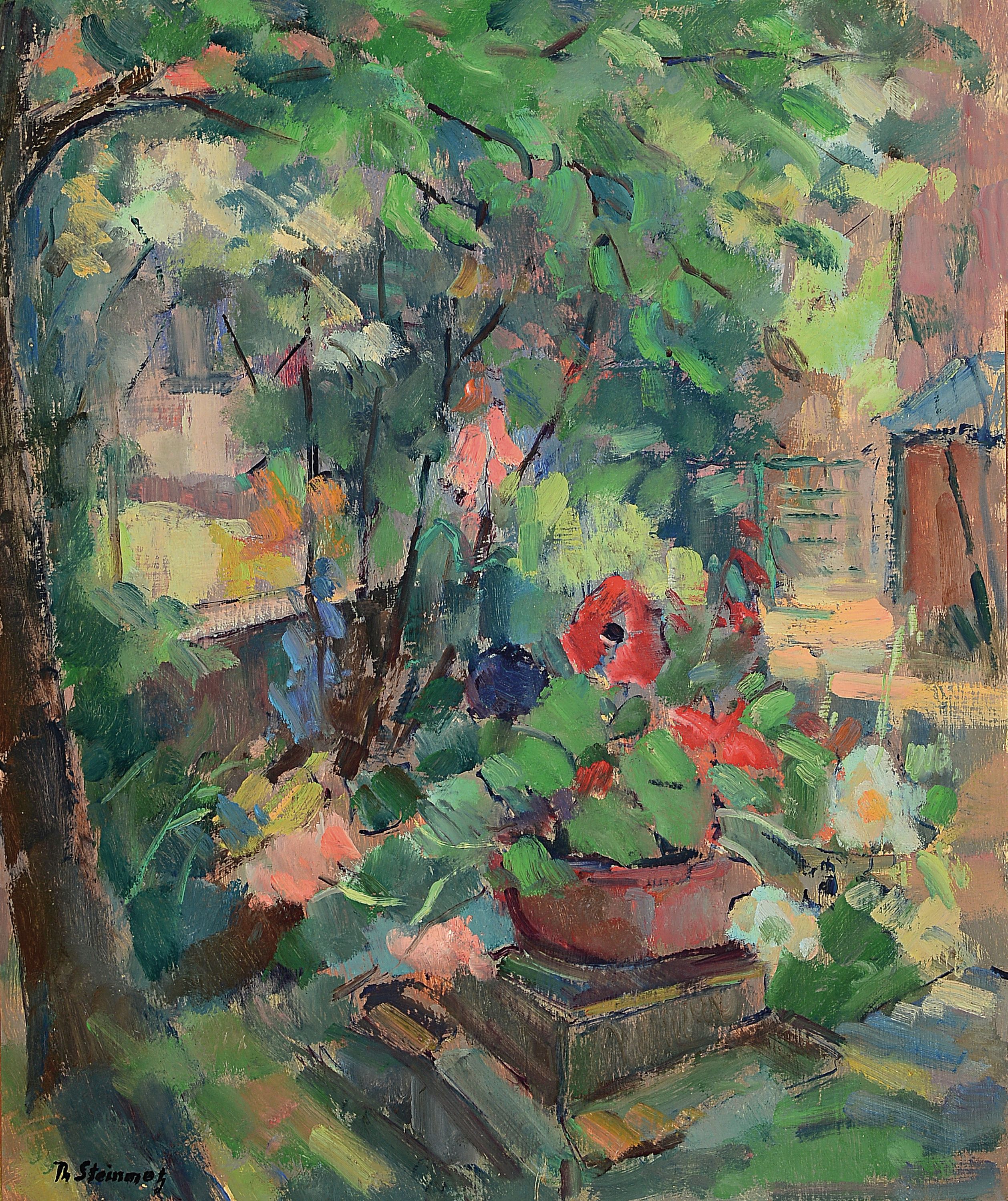 Philippe Steinmetz, 1900-1987 Landau, Blick in den Garten, wohl Garten des Strieffler- Haus, Öl/Hartfaser, signiert, 70x58 cm, Rahmen 99x85cm