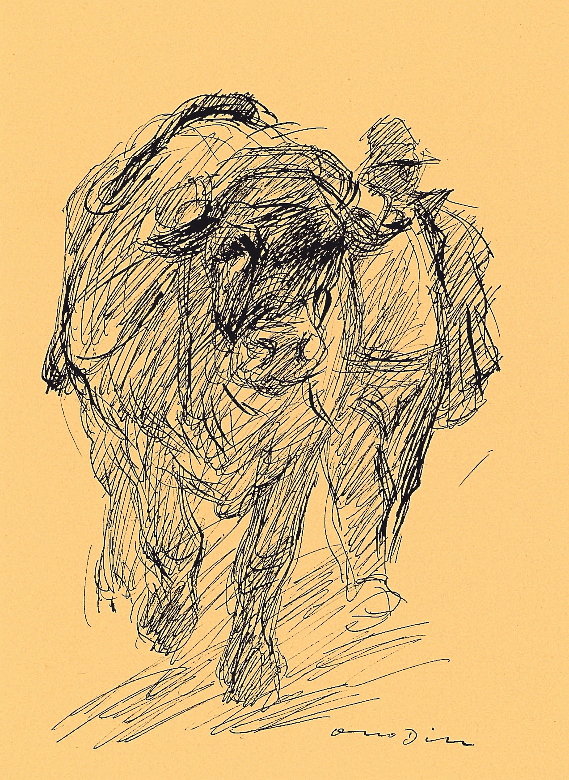 Otto Dill, 1884 Neustadt-1957 Bad Dürkheim, Tuschezeichnung, Bauer mit Ochse frontal, signiert, unter Glas gerahmt, 60x49 cm