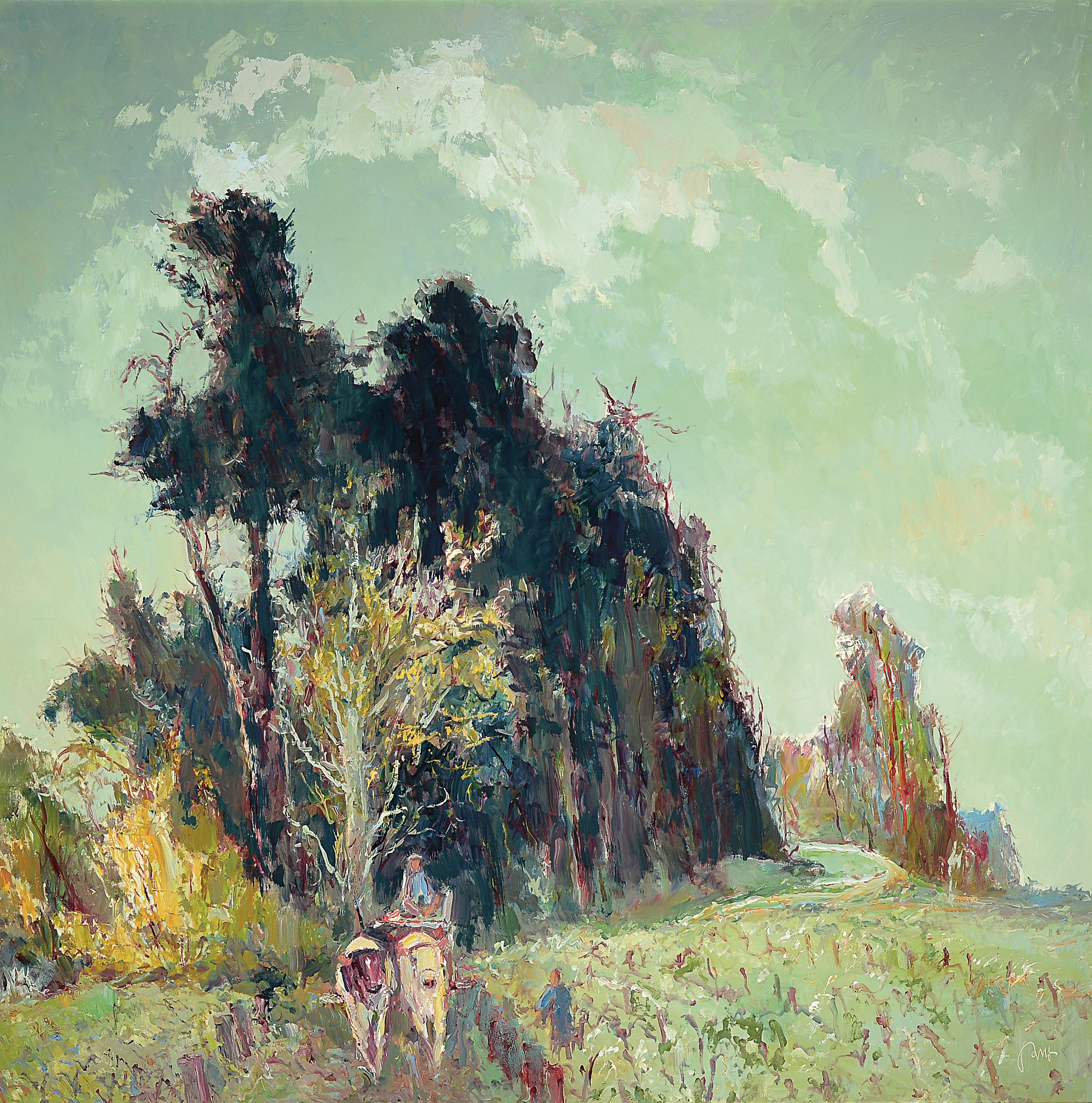Karl Graf, 1902 Rothenburg-1986 Speyer,, große pfälzer Kulturlandschaft mit Ochsenfuhrwerk, signiert, Öl/Platte, Rahmen 110x110 cm