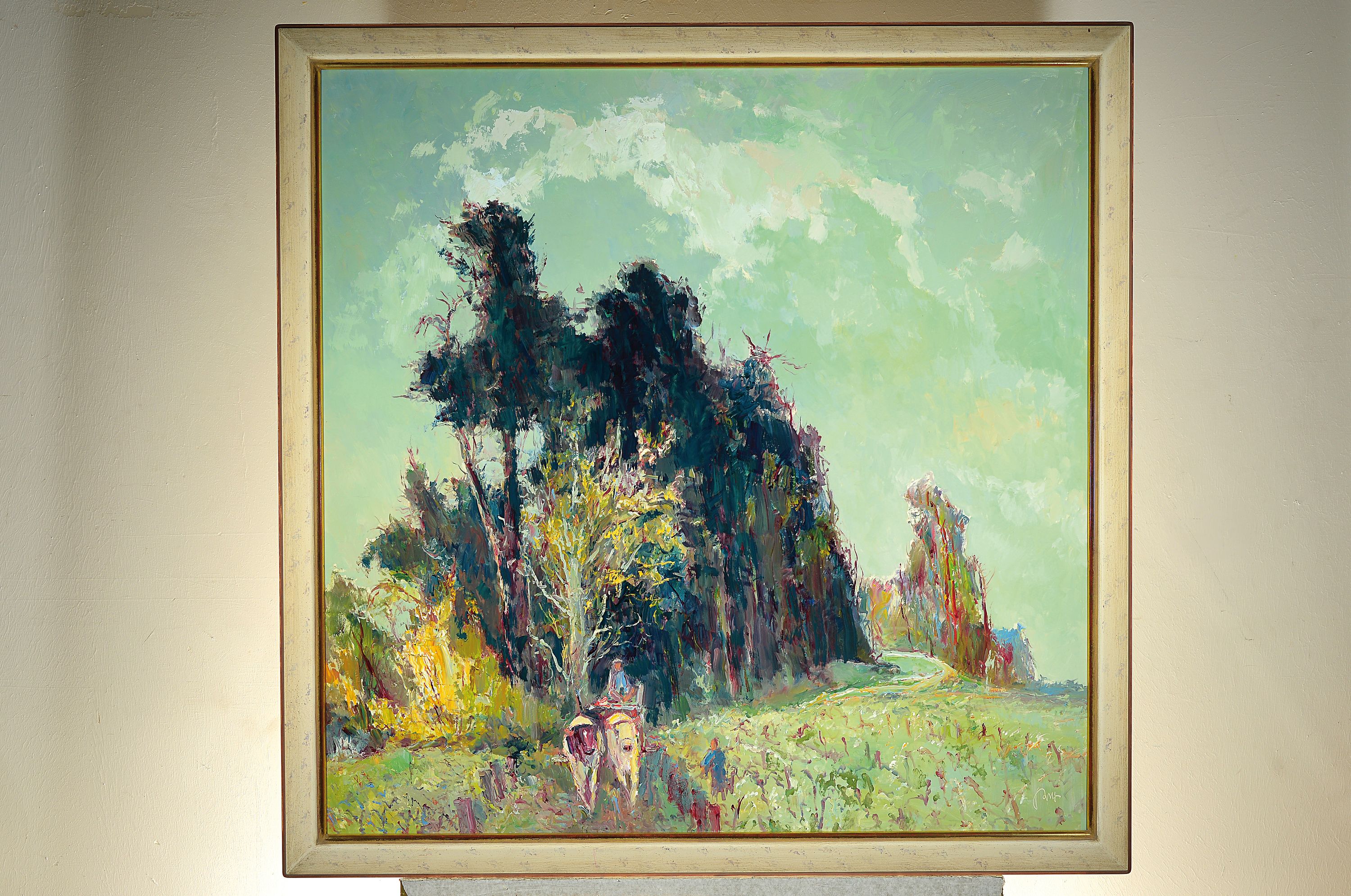 Detail k: Karl Graf, 1902 Rothenburg-1986 Speyer,, große pfälzer Kulturlandschaft mit Ochsenfuhrwerk, signiert, Öl/Platte, Rahmen 110x110 cm