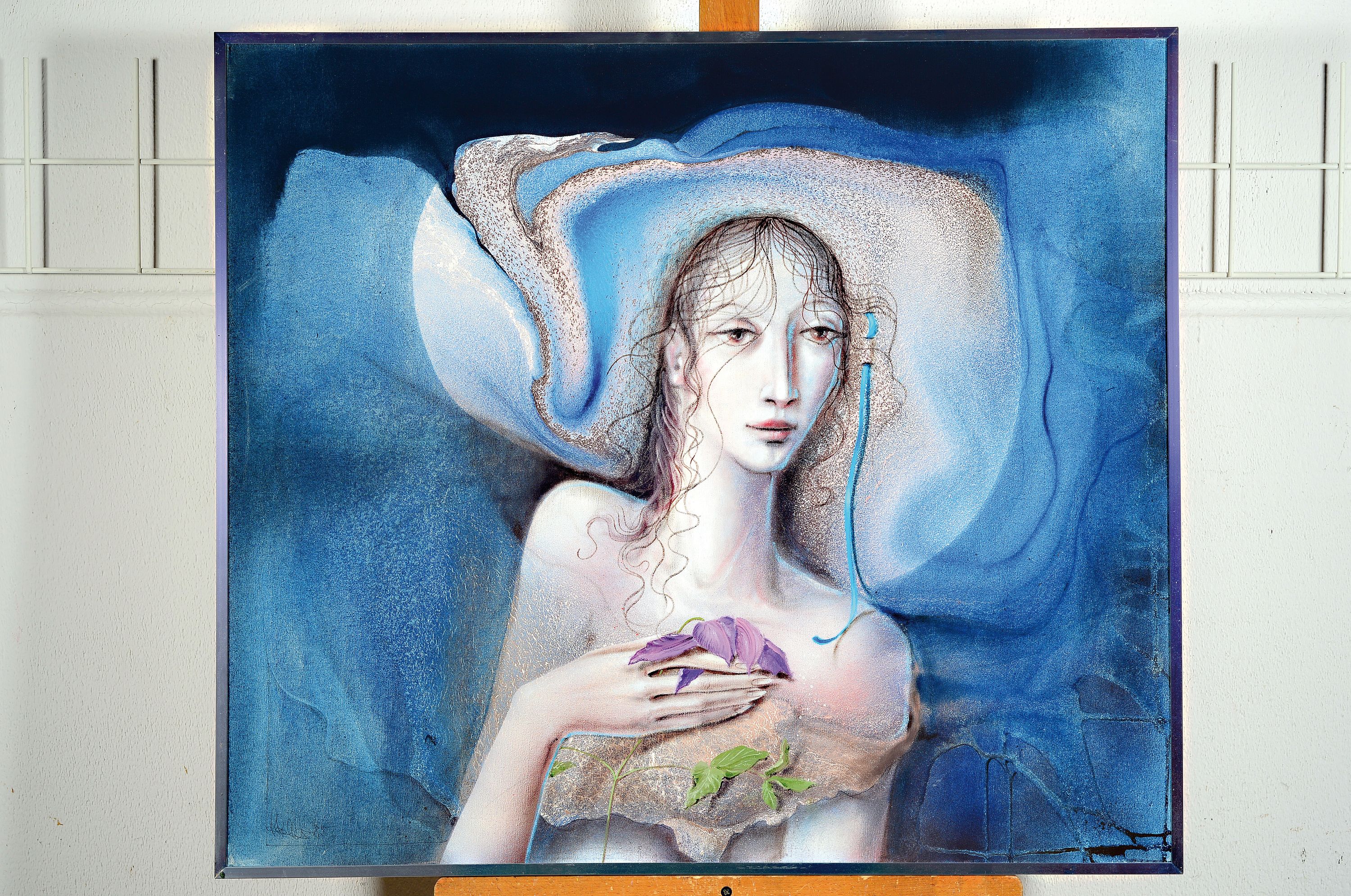 Detail k: Klaus Heinrich Keller, 1938 Godramstein-2018 , phantastisch-surrealistisches Frauenporträt, links unten signiert und datiert 1985, Öl/Lwd, Rahmen ...