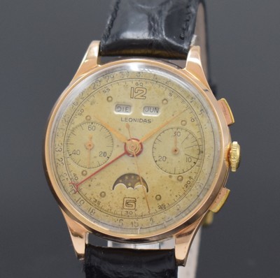 Image 26778424a - LEONIDAS 18k pink gold chronograph with full calendar including moon phase, manual winding, Switzerland around 1954, snap on case back and bezel, correction at the sides in case inserted, silvered dial due to age spotty/patinated, 30 minutes-register, 17 jewels, calibre Venus 200, screw-balance, flat hairspring, without shock-absorber, diameter approx. 35,5 mm, signs of use due to age, condition 2-3