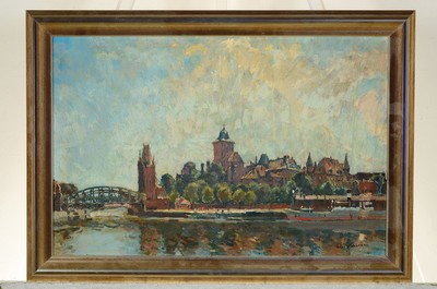 26778442k - Wilhelm Schodde, 1883 Altona-1951 Lübeck, viewof Lübeck, with anchored warship, signed lowerright, oil/wood, 40x60 cm, frame 50x70 cm, Studies in Lübeck and at the academy Kassel
