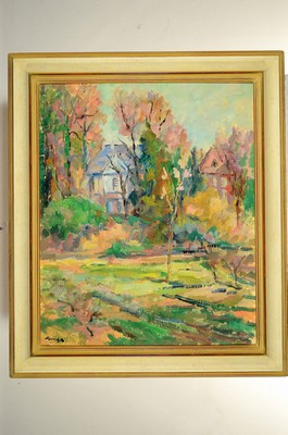 26778464k - Philippe Steinmetz, 1900-1987 Landau, probablyLandau park landscape with adjacent houses, signed lower left, oil/hardboard, 73x60 cm, frame 88x76 cm