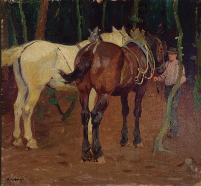 Image 26778466 - Albert Reibmayr, 1881 Linz-1941 Kleve, farmer with two horses, oil/canvas, signed, verso estate stamp #"Nachlaß Albert Reibmayr Kleve #", 70x72 cm, frame 82x85 cm
