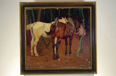 26778466k - Albert Reibmayr, 1881 Linz-1941 Kleve, farmer with two horses, oil/canvas, signed, verso estate stamp #"Nachlaß Albert Reibmayr Kleve #", 70x72 cm, frame 82x85 cm