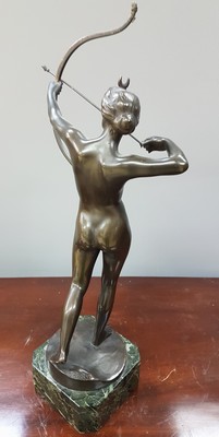 26778480d - Scultur after the model of Oscar Bodin (1868- 1940), bronze sculpture, Diana as an archer, on a green veined stone base, signed on the foot, brown patinated, partially rubbed, bowstring missing, h. 42 cm