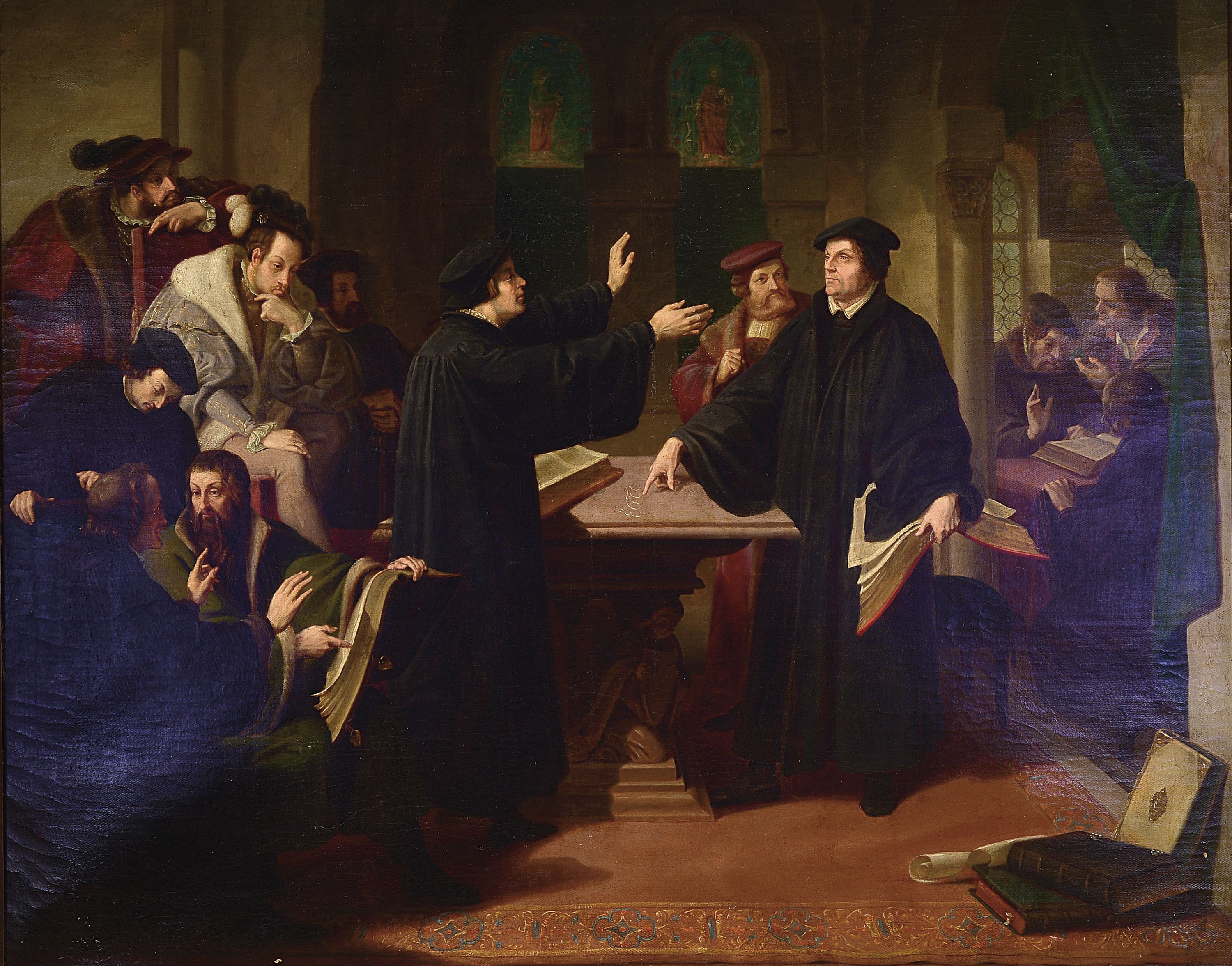 wohl Münchener Schule, 2. Hälfte 19. Jh., Luther auf dem Reichstag zu Worms von 1521, Öl/Lwd, l. rest., altersbedingt krakeliert bzw. ...