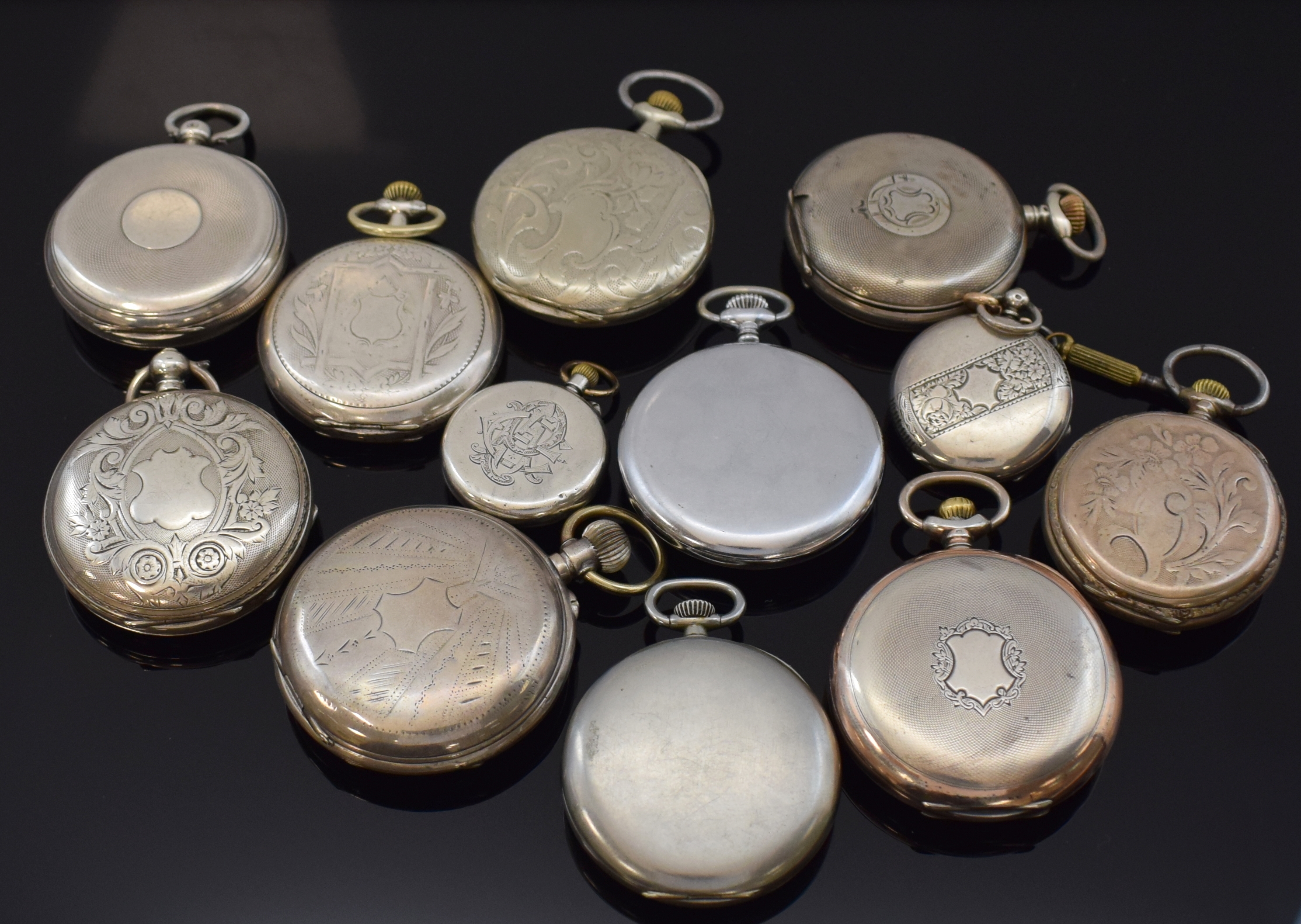 Detail a: 12 Taschenuhren darunter Zenith, Movado, Hebdomas, H.Moser & Cie, Schweiz/England um 1870-1920, Schlüssel u. Kronenaufzug, Offene Geh. u. Savonette ...
