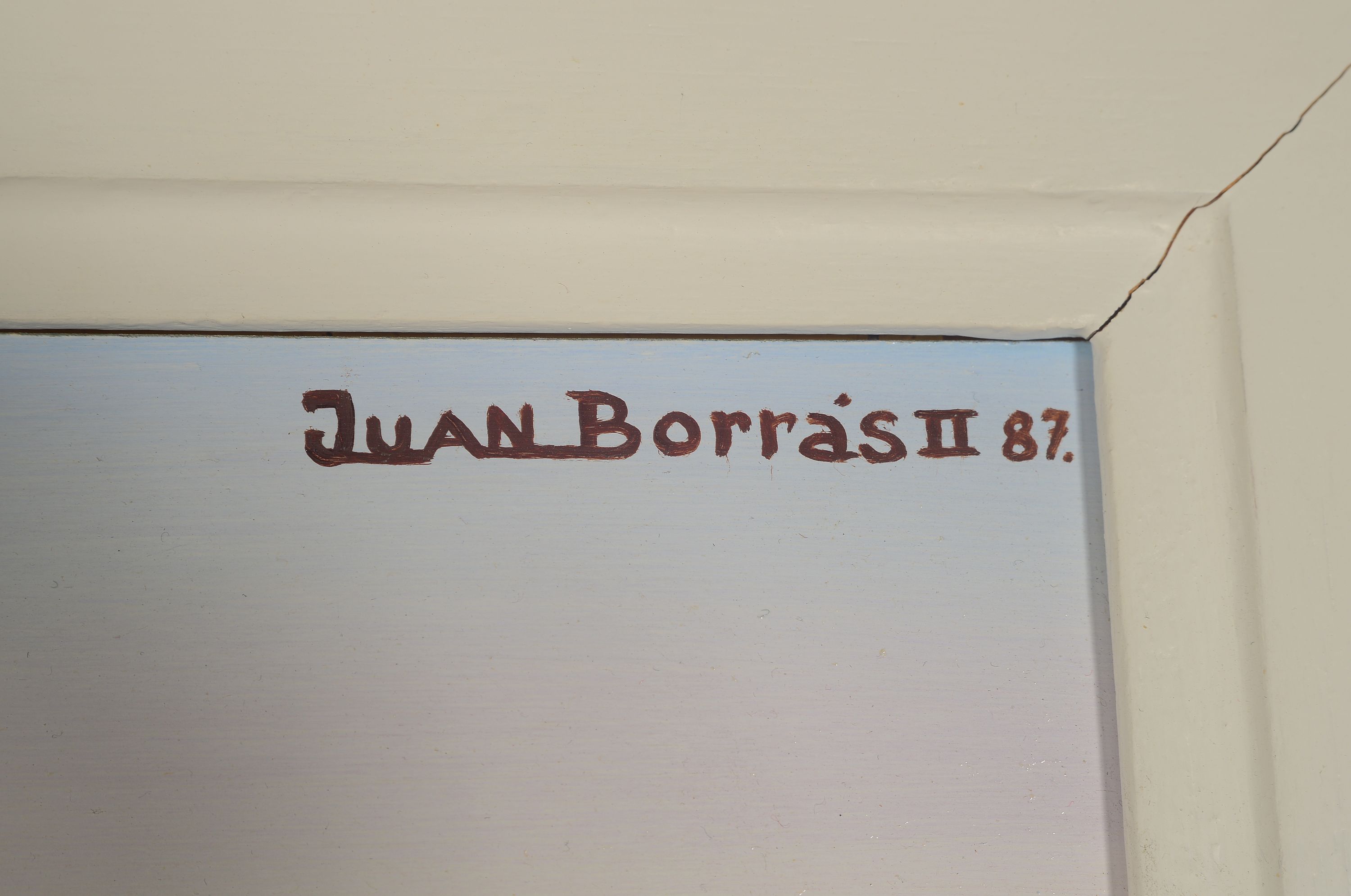 Detail a: Juan Borras, geb. 1947, großformatige naive Malerei, "Sobres los Tiburones", Öl/Platte, signiert, rückseitig bezeichnet und dat. 87, ca. ...
