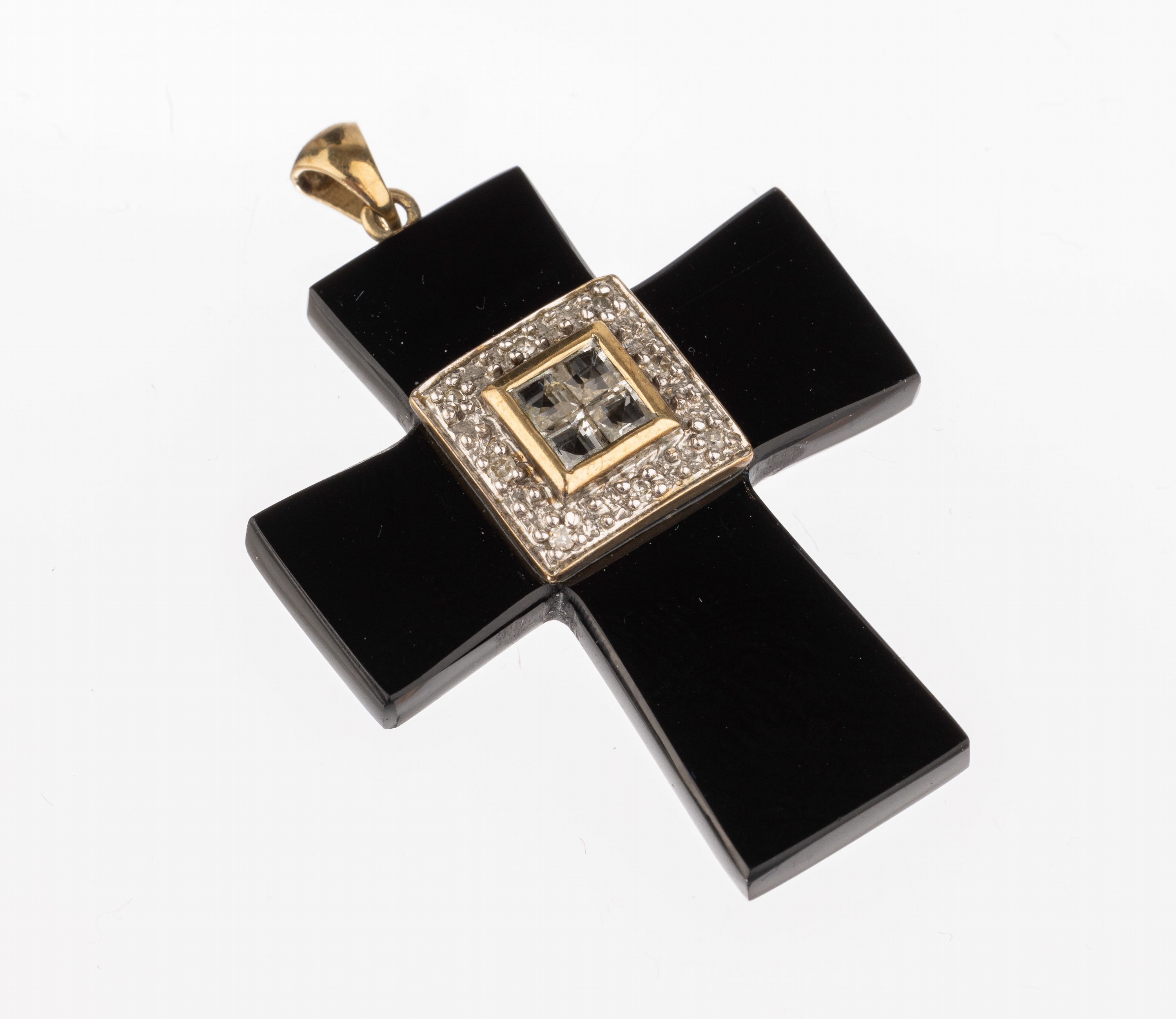 8 kt Gold Onyx Diamant Aquamarin Kreuzanhänger, GG 333/000, 4 Aquamarincarrees zus. ca. 0.08 ct, Diamanten zus. ca. 0.04 ct Weiß/p 1,ca. 3.5 x 3 cm