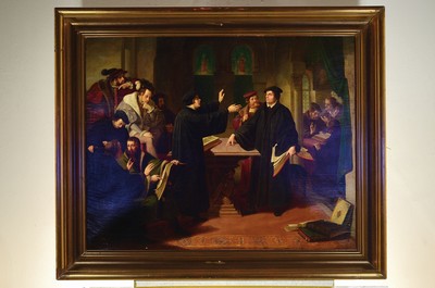 26778566k - probably Munich School, 2nd half of 19th century, Luther on the Reichstag in Worms of 1521, oil/canvas, minor restorations, due to age crazed or traces of age, 90 x 107 cm, frame repaired or minor damages 107 x 128 cm