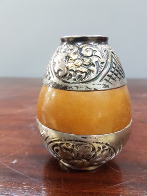 26778570b - Small decorative vase or mate cup, Argentina, 20th century, calabash with silver fittings, 800, partially gilded, marked on the base, height 9 cm