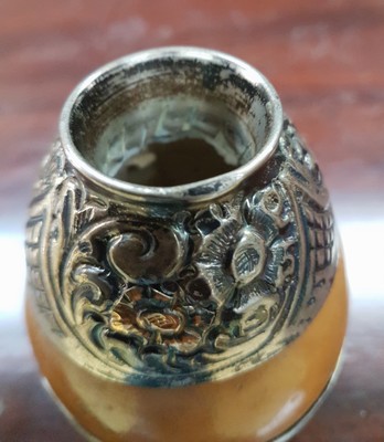 26778570d - Small decorative vase or mate cup, Argentina, 20th century, calabash with silver fittings, 800, partially gilded, marked on the base, height 9 cm