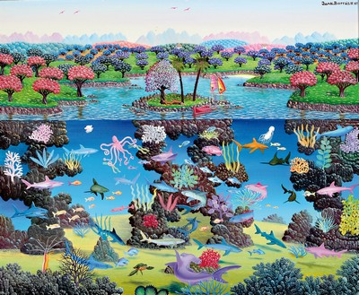 Image 26778571 - Juan Borras, born in 1947, large-format naive painting, #"Sobres los Tiburones#", oil/panel,signed, inscribed on the back and dated 87, approx. 60 x 74 cm, frame approx. 83 x 95 cm