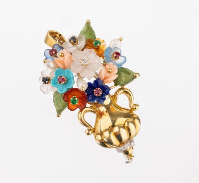 Image 26778576 - 18 kt gold coloured stone brilliant brooch "vase with blossoms"
