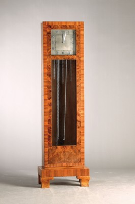 Image 26778581 - longcase clock with Westminster chime, watch manufacturer Kohler, around 1930, Art-Deko, walnut veneer in style the period, large brass plate movement, drive over 3 chains and weights, Graham escapement with pallets, Westminster chime each quarter of at hour on 4 sound bars, for full hour strike on 4 additional sound bars, silencing lever by handle behind number "3", stroke regulation by rope winding under dial, H. approx. 187cm, condition of movement/housing 2