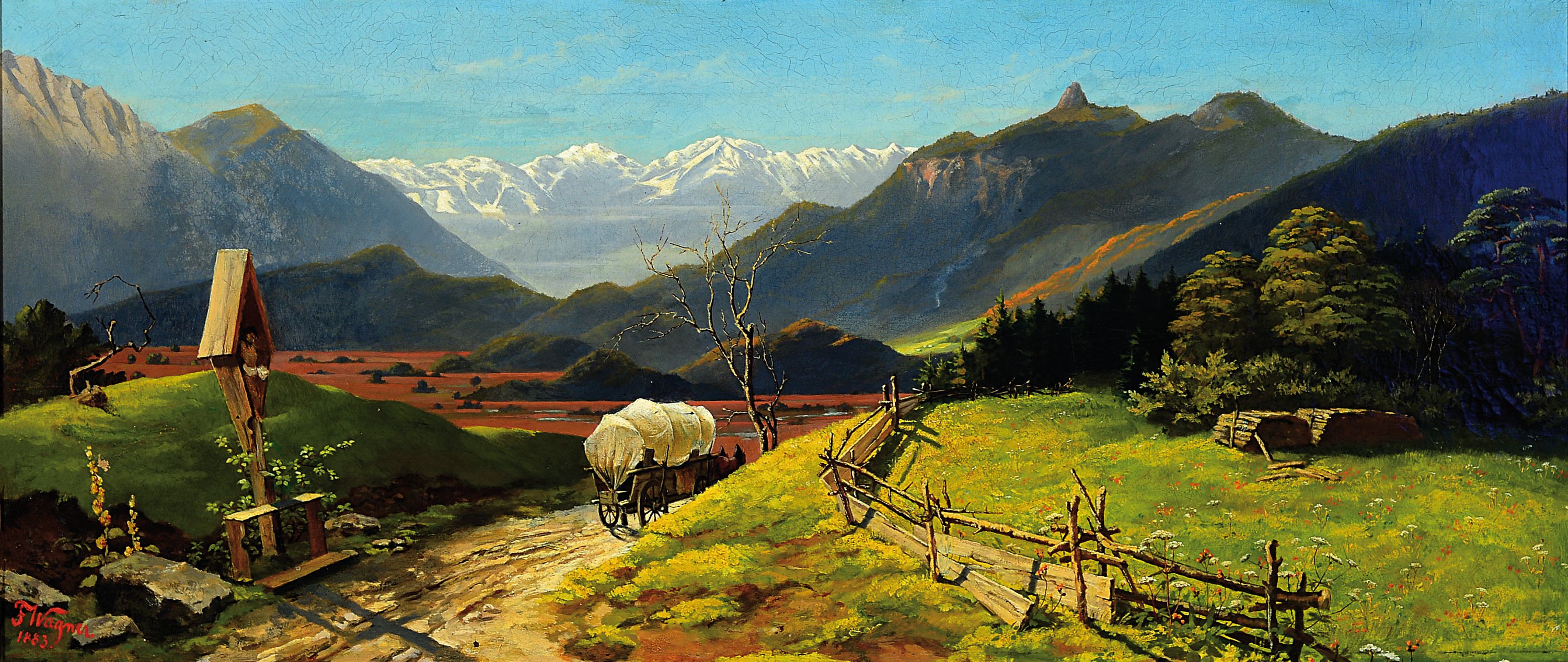 F. Wagner, datiert 1883, Münchener Schule, Voralpenlandschaft, Blick in ein Tal mit Flurkreuz und Zeltwagen,l. rest., links unten signiert, Öl/Lwd, ...