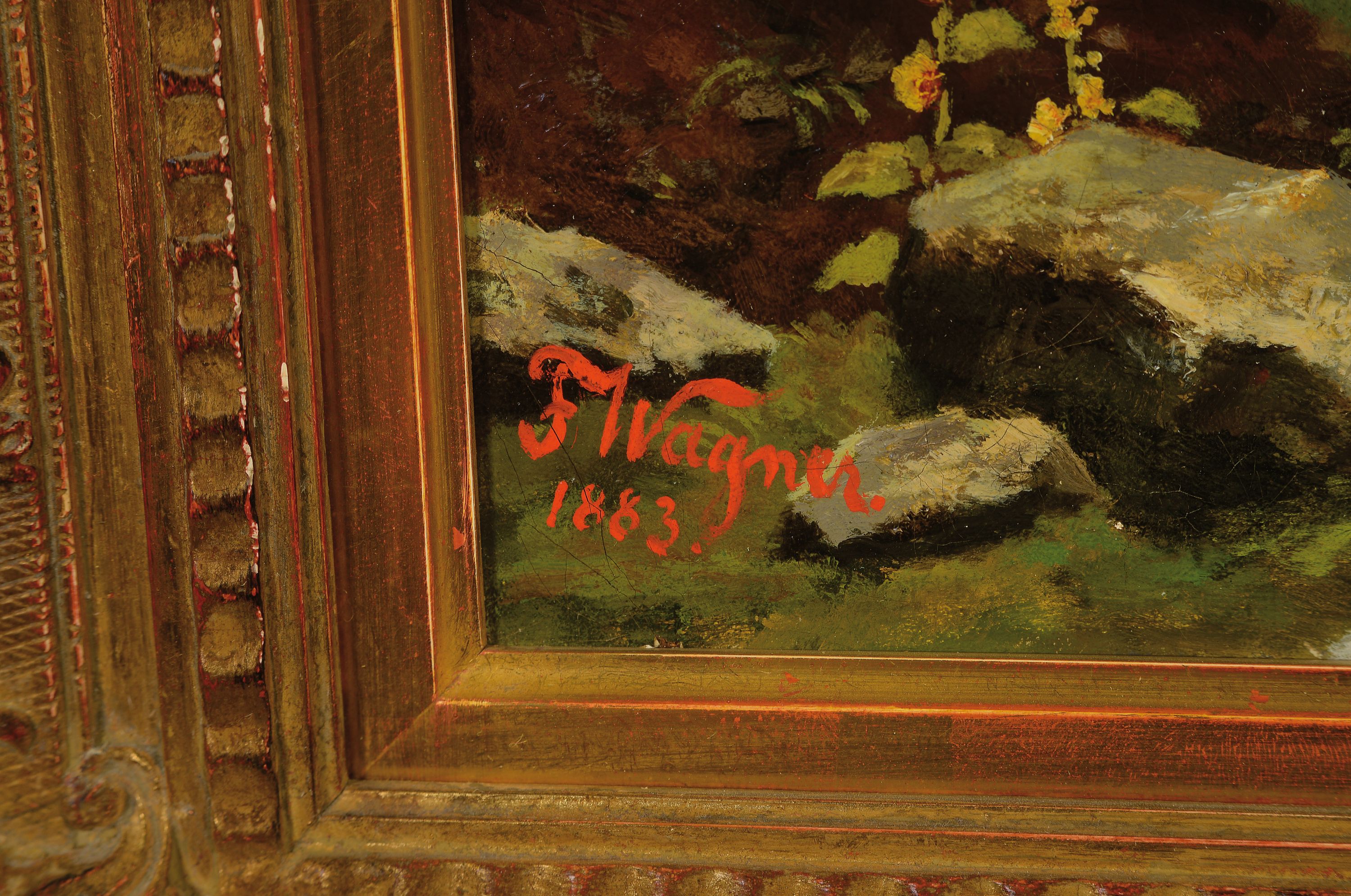 Detail a: F. Wagner, datiert 1883, Münchener Schule, Voralpenlandschaft, Blick in ein Tal mit Flurkreuz und Zeltwagen,l. rest., links unten signiert, Öl/Lwd, ...